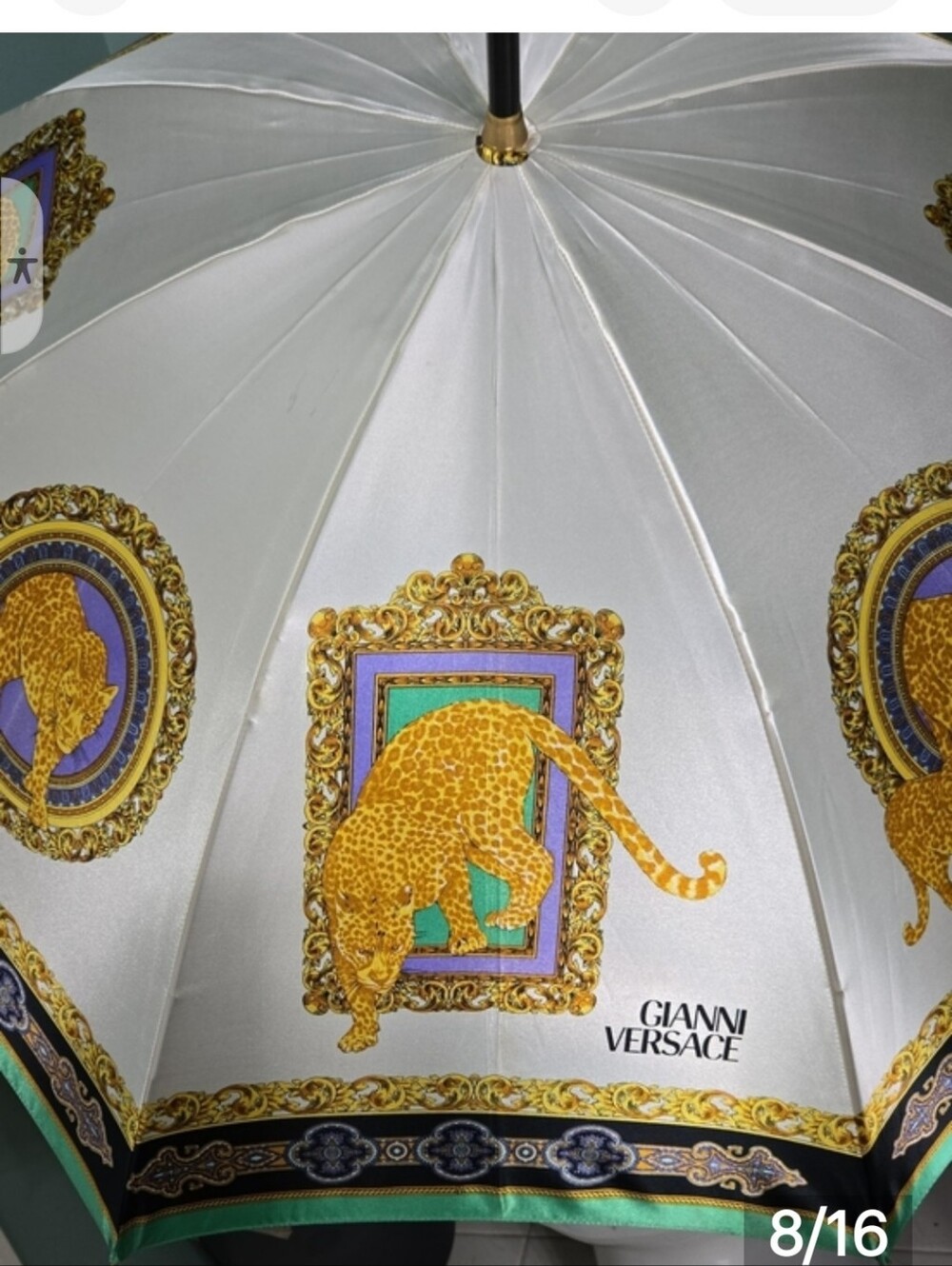 Gianni Versace Umbrella with Gold, Purple and Mint Leopard Motif